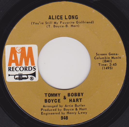 Tommy Boyce & Bobby Hart ‎– Alice Long (A&M 1969) 7" vinyl US single VG/-