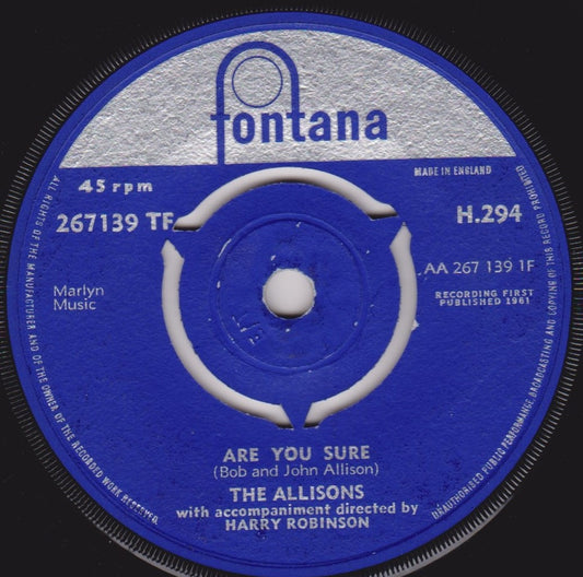 The Allisons – Are You Sure (Fontana 1961) 7" vinyl single VG/-