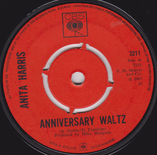 Record label for Anita Harris' 'Anniversary Waltz' with CBS Records branding.