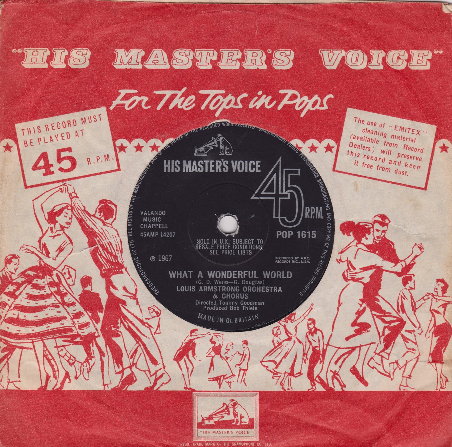 Louis Armstrong Orchestra ‎– What A Wonderful World (HMV 1967) 7" vinyl single VG/-