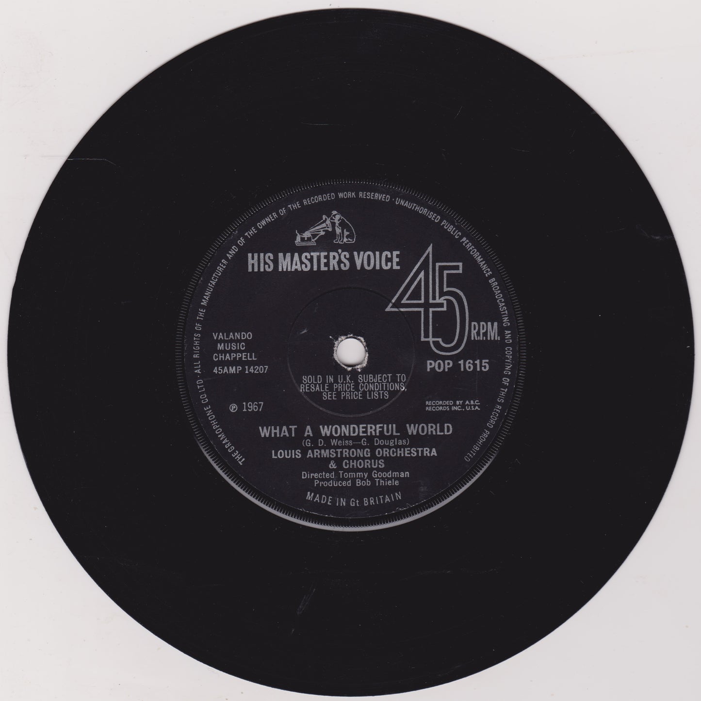 Louis Armstrong Orchestra ‎– What A Wonderful World (HMV 1967) 7" vinyl single VG/-