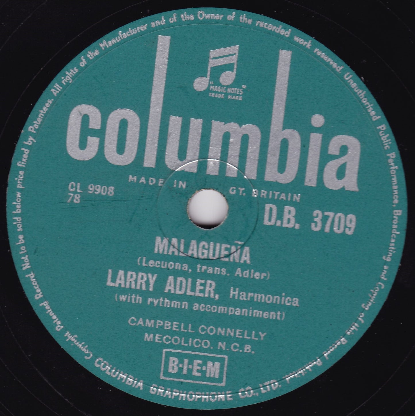 Larry Adler – Malagueña / Rififi (Columbia 1956) 10" shellac 78 VG/G+