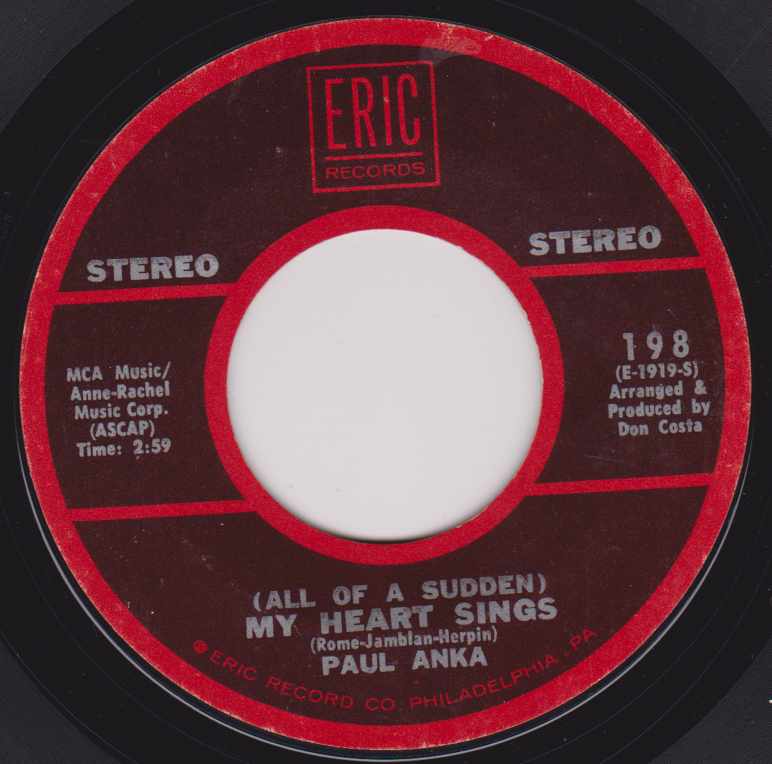 Paul Anka ‎– (All Of A Sudden) My Heart Sings (Eric) 7" vinyl US single VG/- jukebox