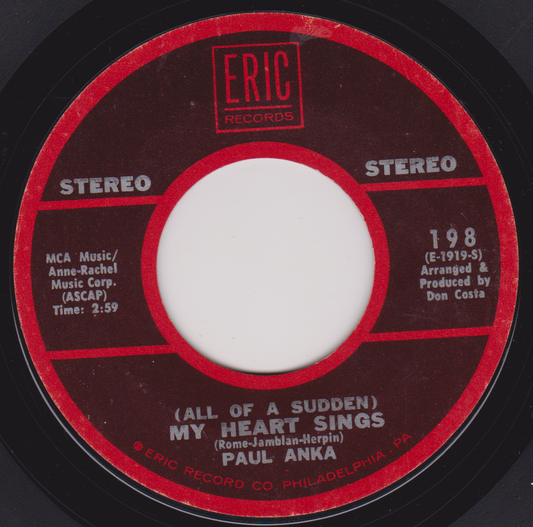 Paul Anka ‎– (All Of A Sudden) My Heart Sings (Eric) 7" vinyl US single VG/- jukebox