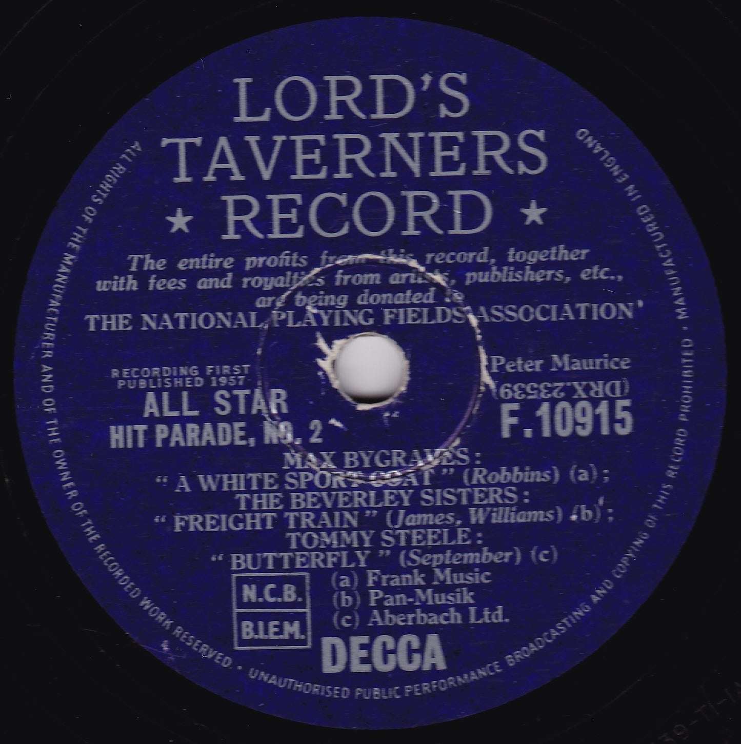 Various - The Lord's Taverners All Star Hit Parade 2 (Decca) 10" shellac VG/-