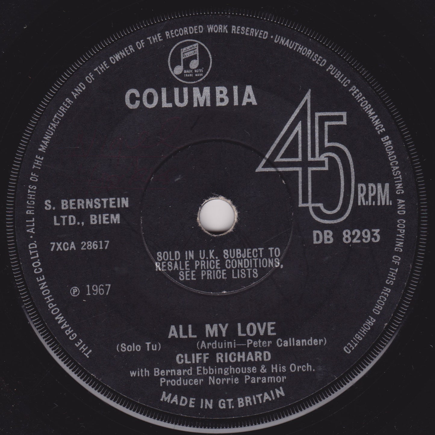 Cliff Richard - All My Love (Columbia, 1967) 7" vinyl single G+/-