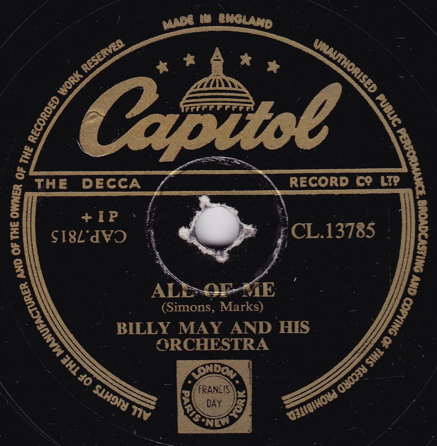 Billy May & His Orchestra ‎– All Of Me (Capitol) 10" shellac VG/-