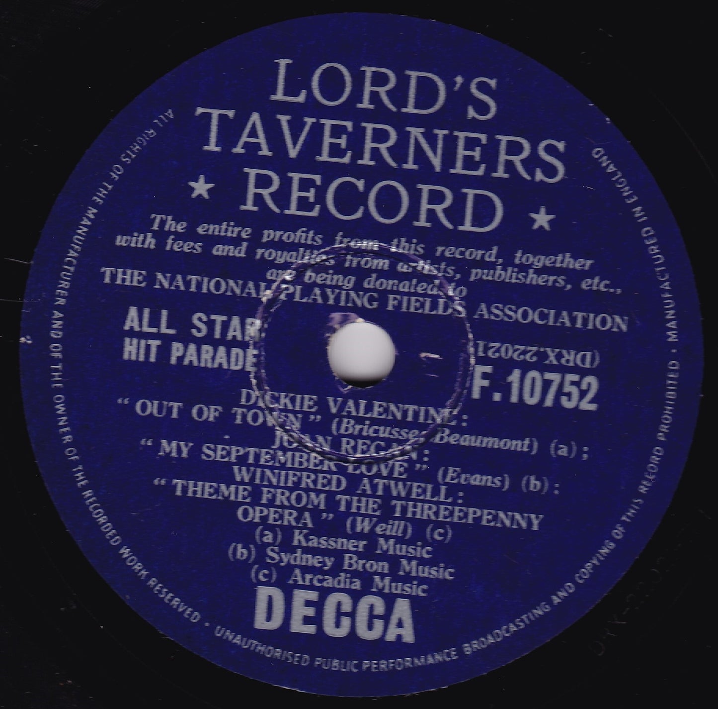 Various - The Lord's Taverners All Star Hit Parade (Decca 1956) 10" shellac G+/-