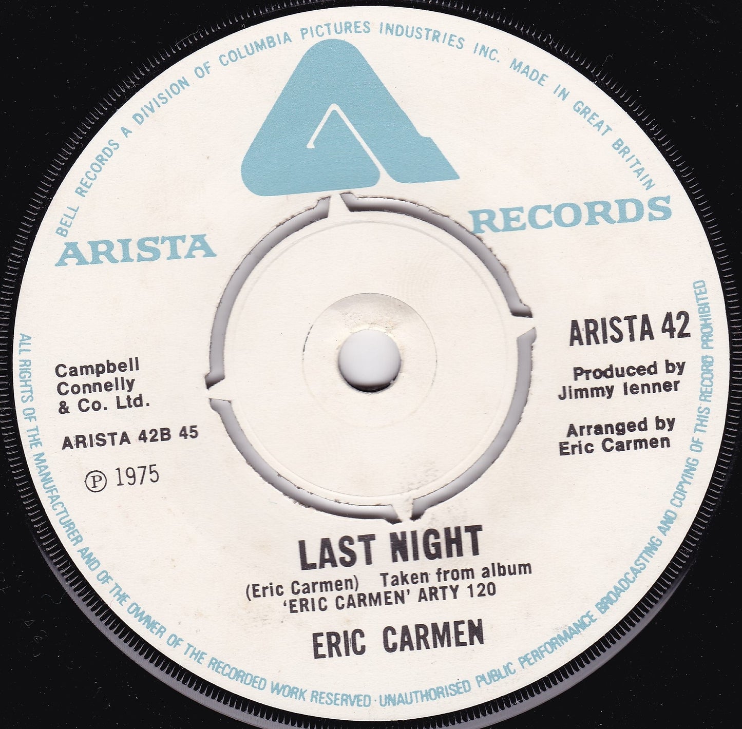 Eric Carmen – All By Myself (Arista 1975) 7" vinyl single G+/-