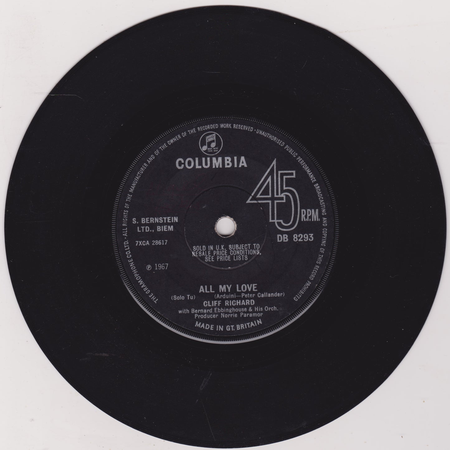 Cliff Richard - All My Love (Columbia, 1967) 7" vinyl single G+/-
