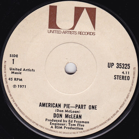 Don McLean ‎– American Pie (UA 1971) 7" vinyl single G+/-