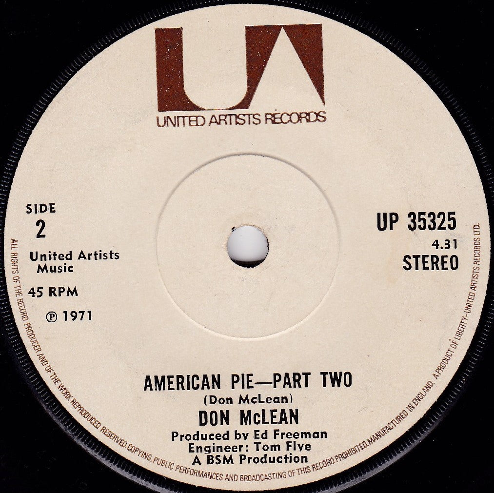 Don McLean ‎– American Pie (UA 1971) 7" vinyl single G+/-