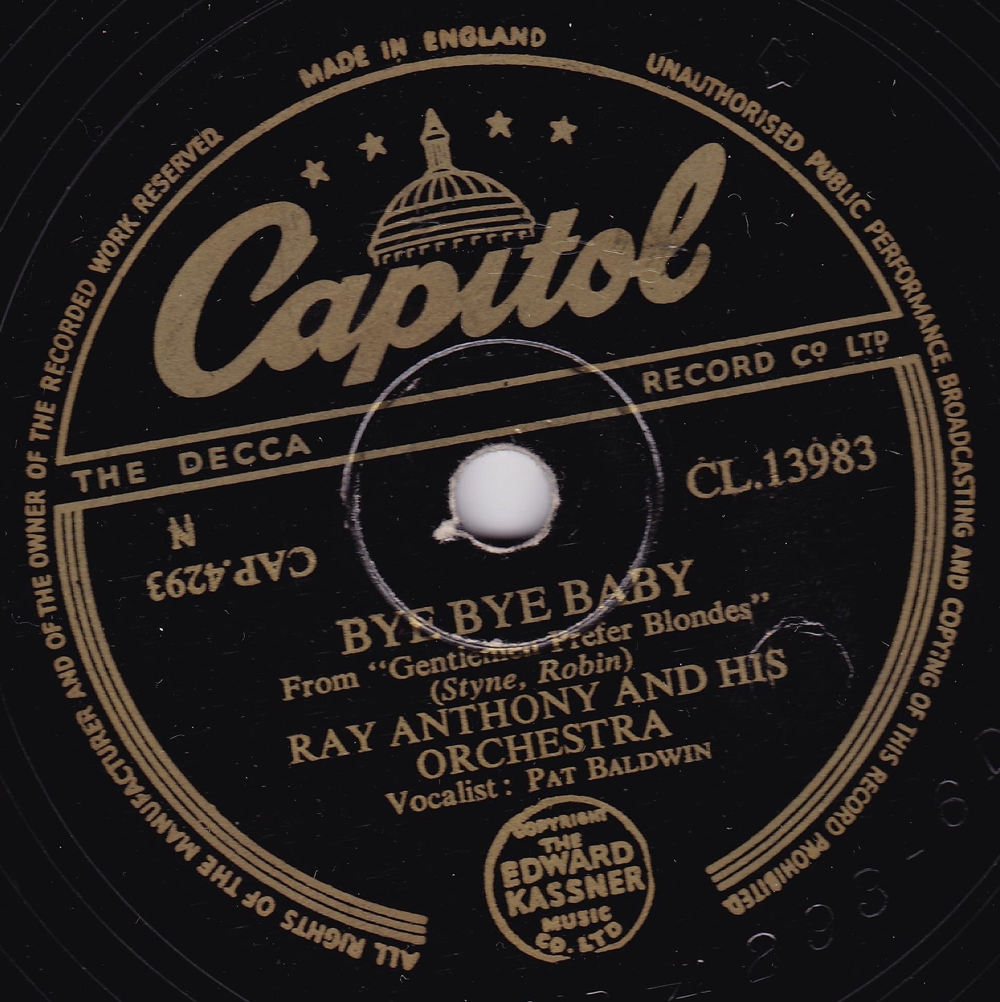 Ray Anthony And His Orchestra – Dragnet / Bye Bye Baby (1953) 10" shellac VG/-