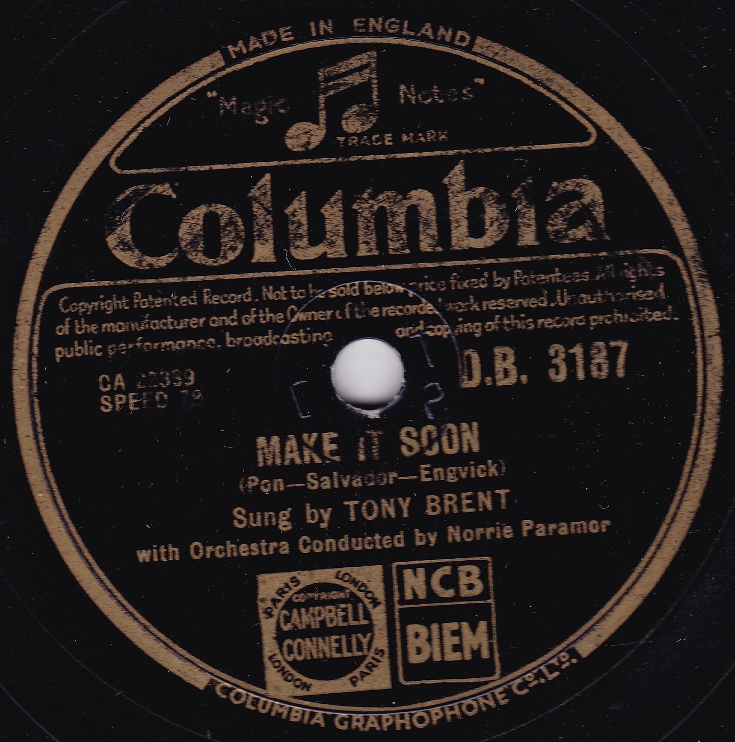 Tony Brent - Any Old Time / Make It Soon (Columbia 1952) 10" shellac VG/-