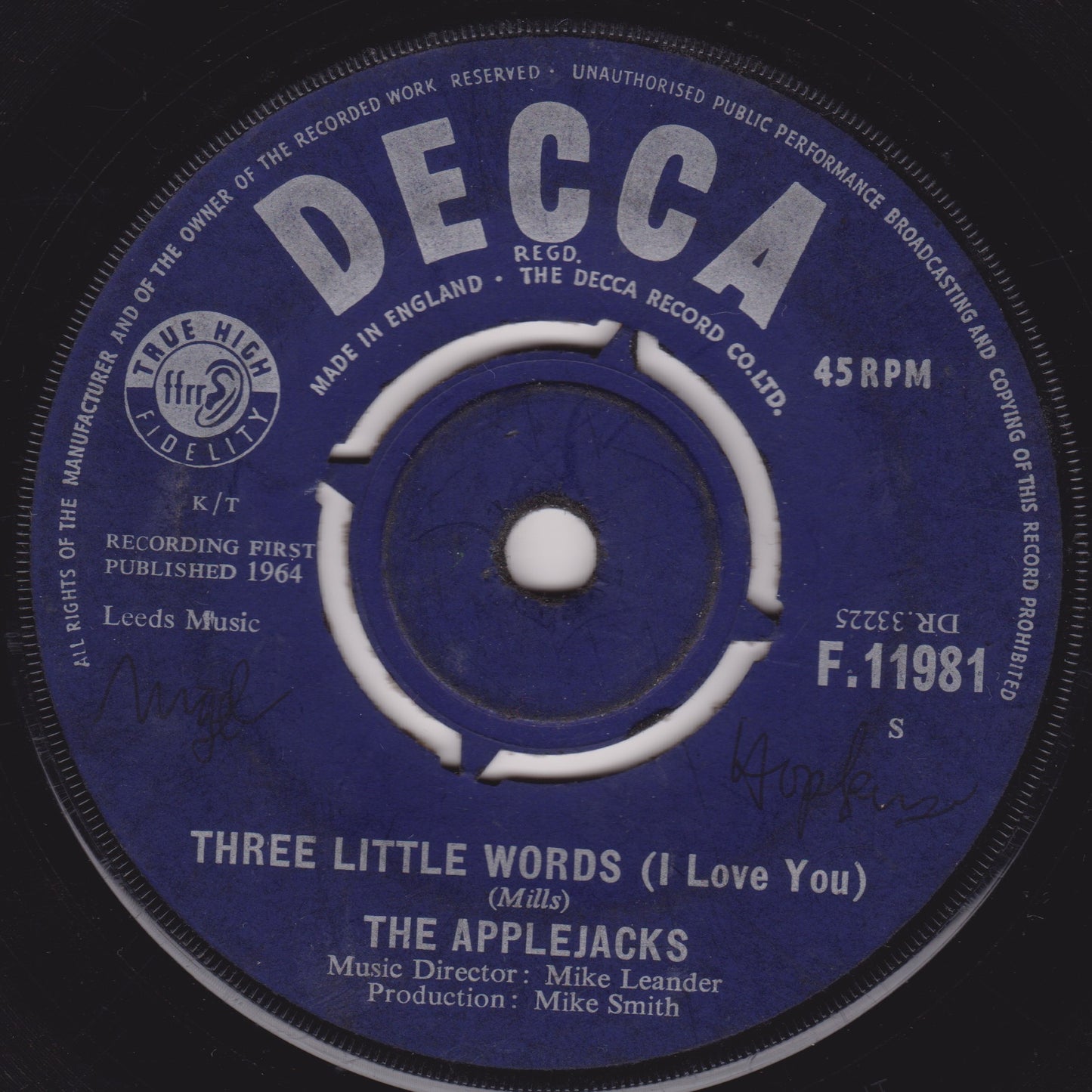 The Applejacks – Three Little Words (I Love You) (Decca 1964) 7" vinyl single G+/-