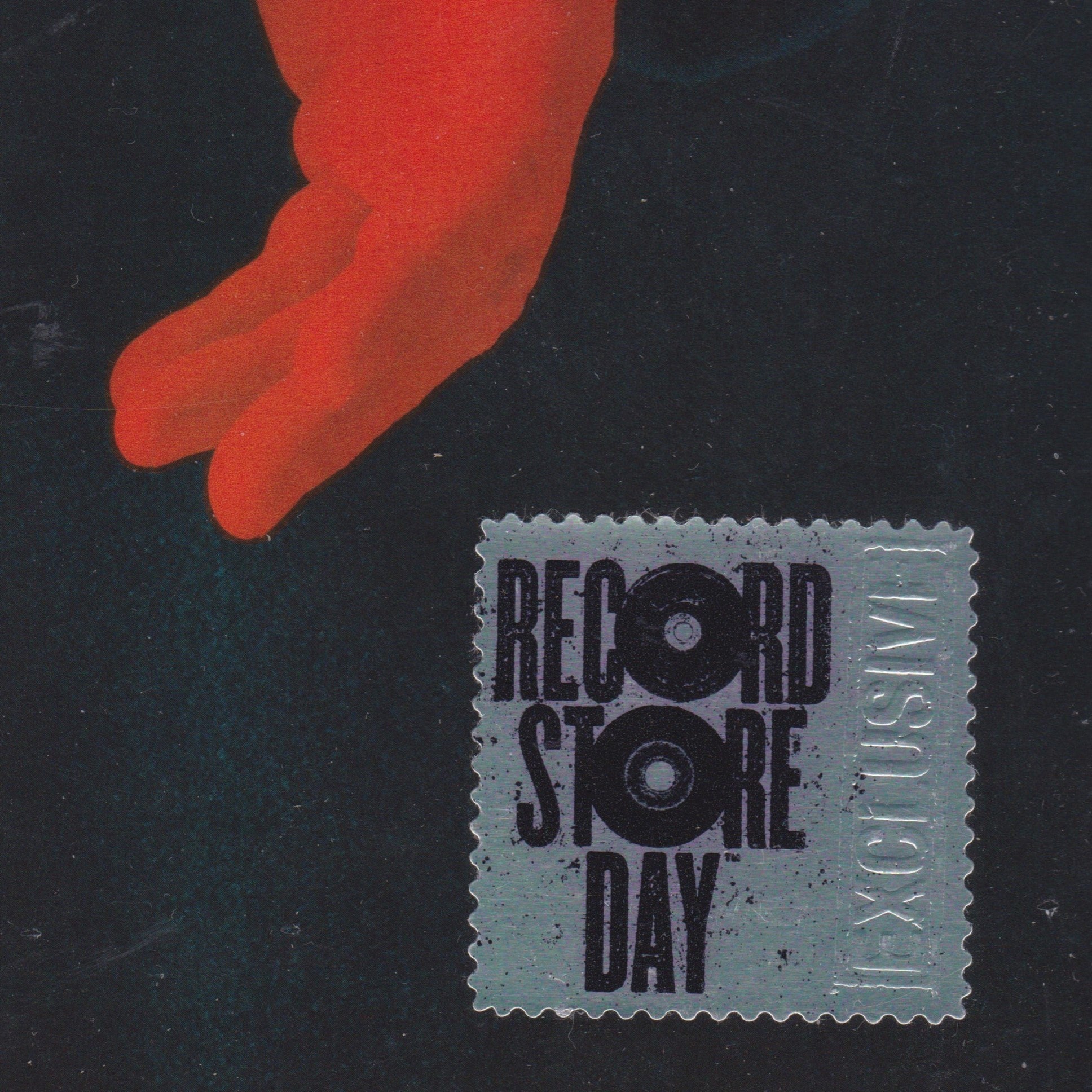 Record Store Day stamp with red hand on black background