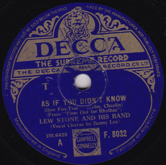 Lew Stone - As If You Didn't Know (Decca) 10" shellac VG/-