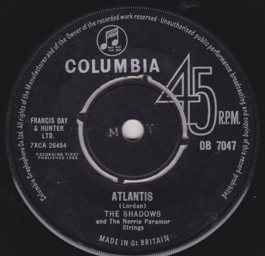 Record label for a Columbia 45 RPM record featuring 'Atlantis' by The Shadows.