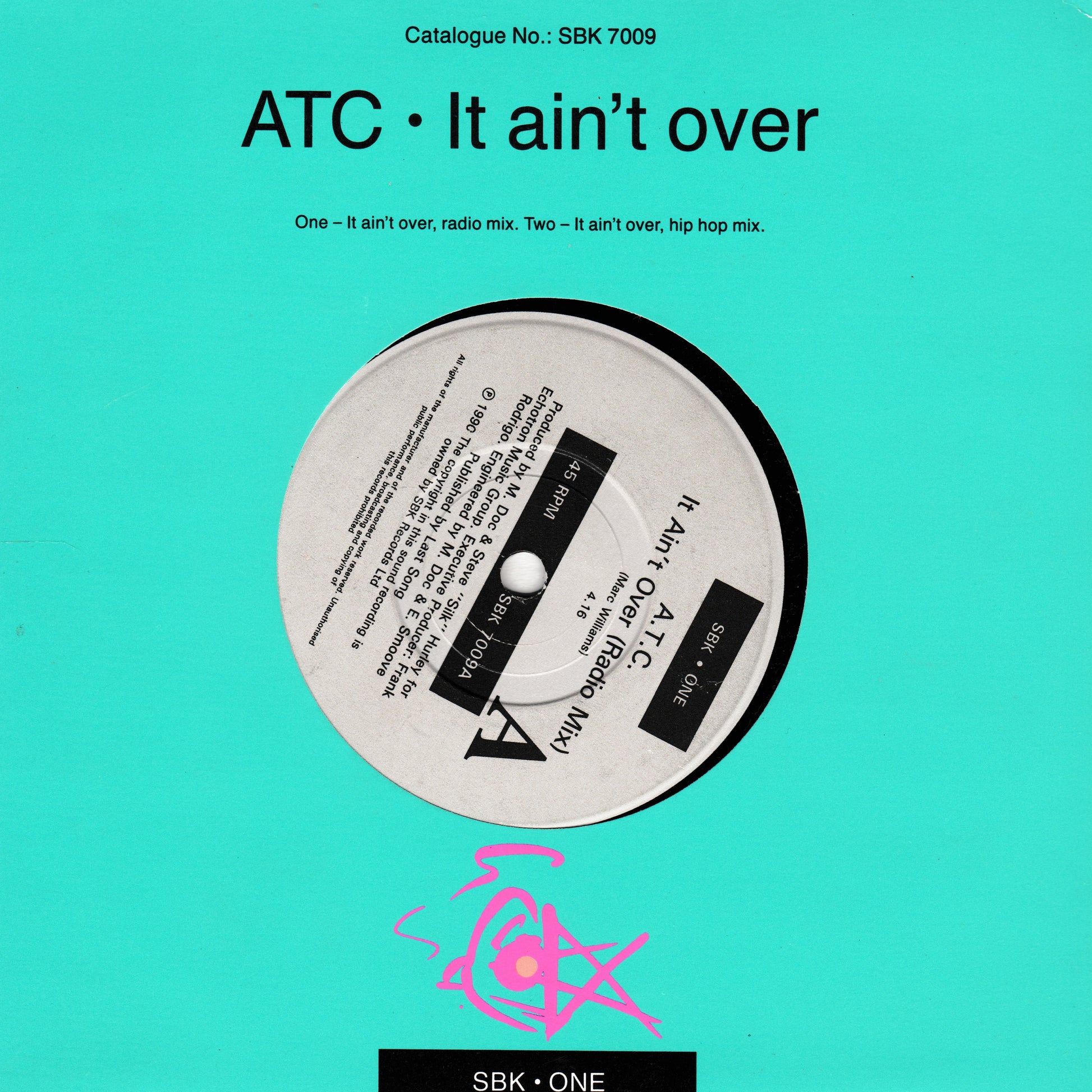 Vinyl record cover with text and a pink logo on a teal background