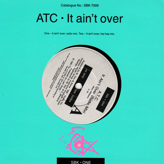 Vinyl record cover with text and a pink logo on a teal background