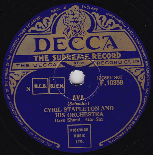 Cyril Stapleton And His Orchestra – Ava / Eleanora (Decca 1954) 10" shellac VG/-