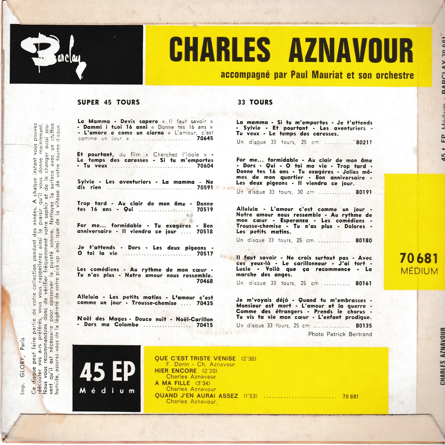 Charles Aznavour – Que C'est Triste Venise (Barclay 1964) 7" vinyl P/S EP VG/VG jukebox