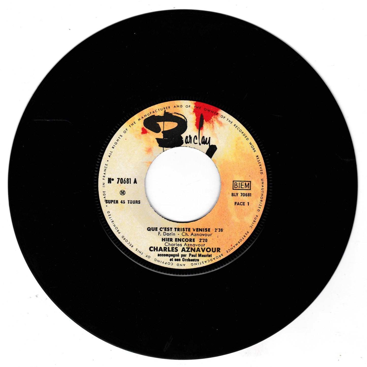 Charles Aznavour – Que C'est Triste Venise (Barclay 1964) 7" vinyl P/S EP VG/VG jukebox