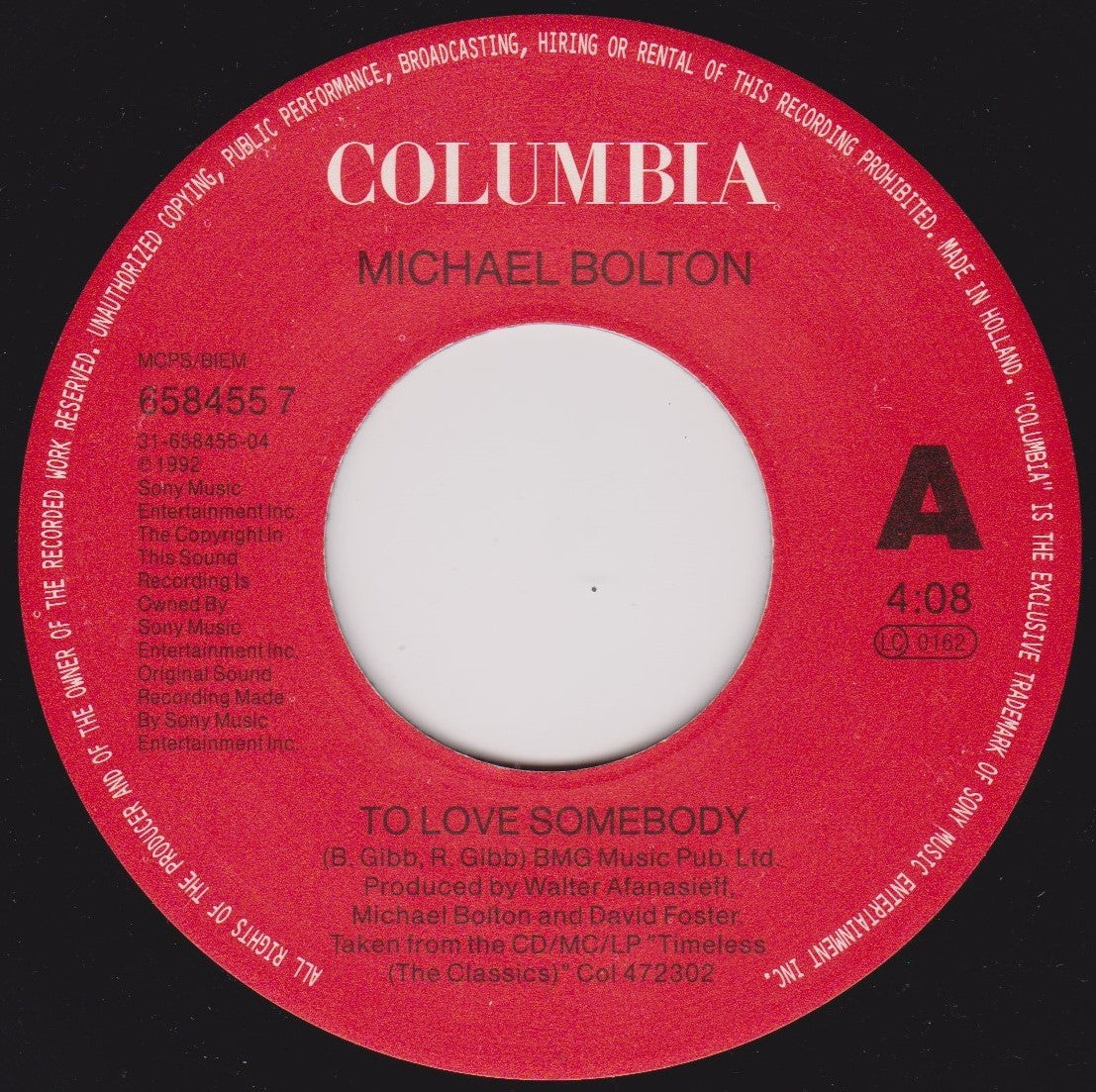 Michael Bolton - To Love Somebody (Columbia, 1992) 7" vinyl single VG/- jukebox