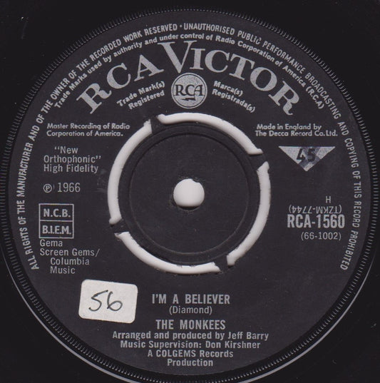 The Monkees – I'm A Believer (RCA 1966) 7" vinyl single VG/-