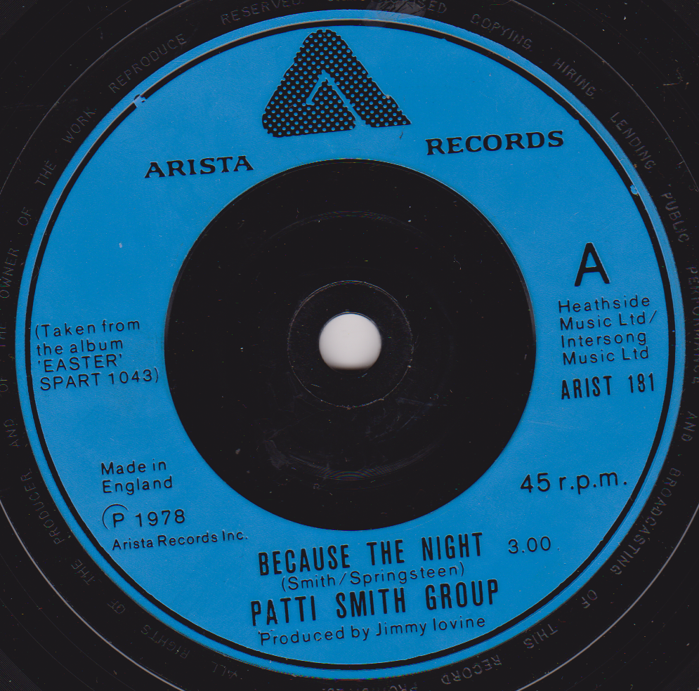Patti Smith Group – Because The Night (Arista 1978) 7" vinyl single VG/-