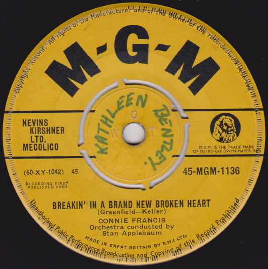 Connie Francis ‎– Breakin' In A Brand New Broken Heart (MGM 1961) 7" vinyl single VG/-