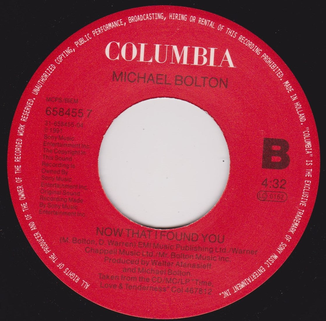 Michael Bolton - To Love Somebody (Columbia, 1992) 7" vinyl single VG/- jukebox