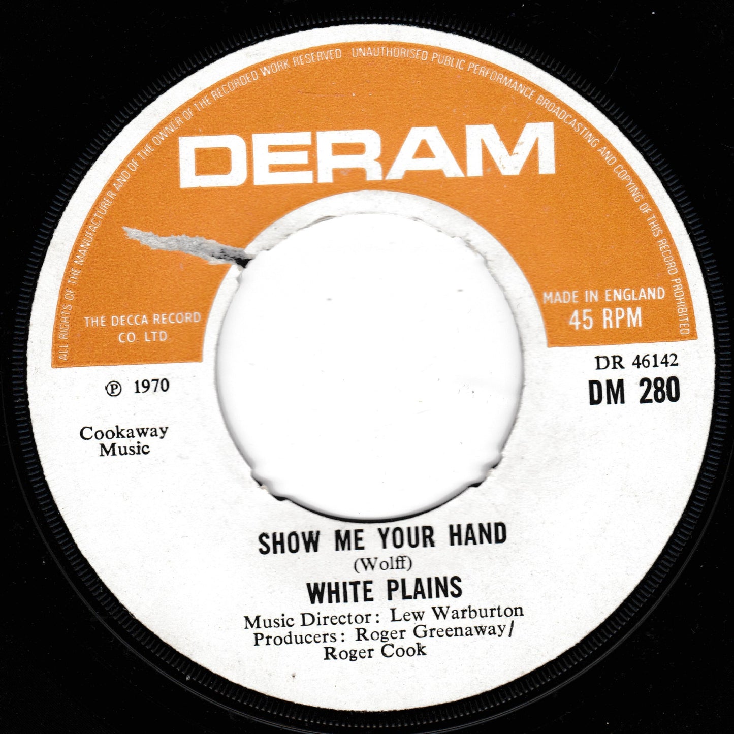 Record label for a song by White Plains on the Deram label