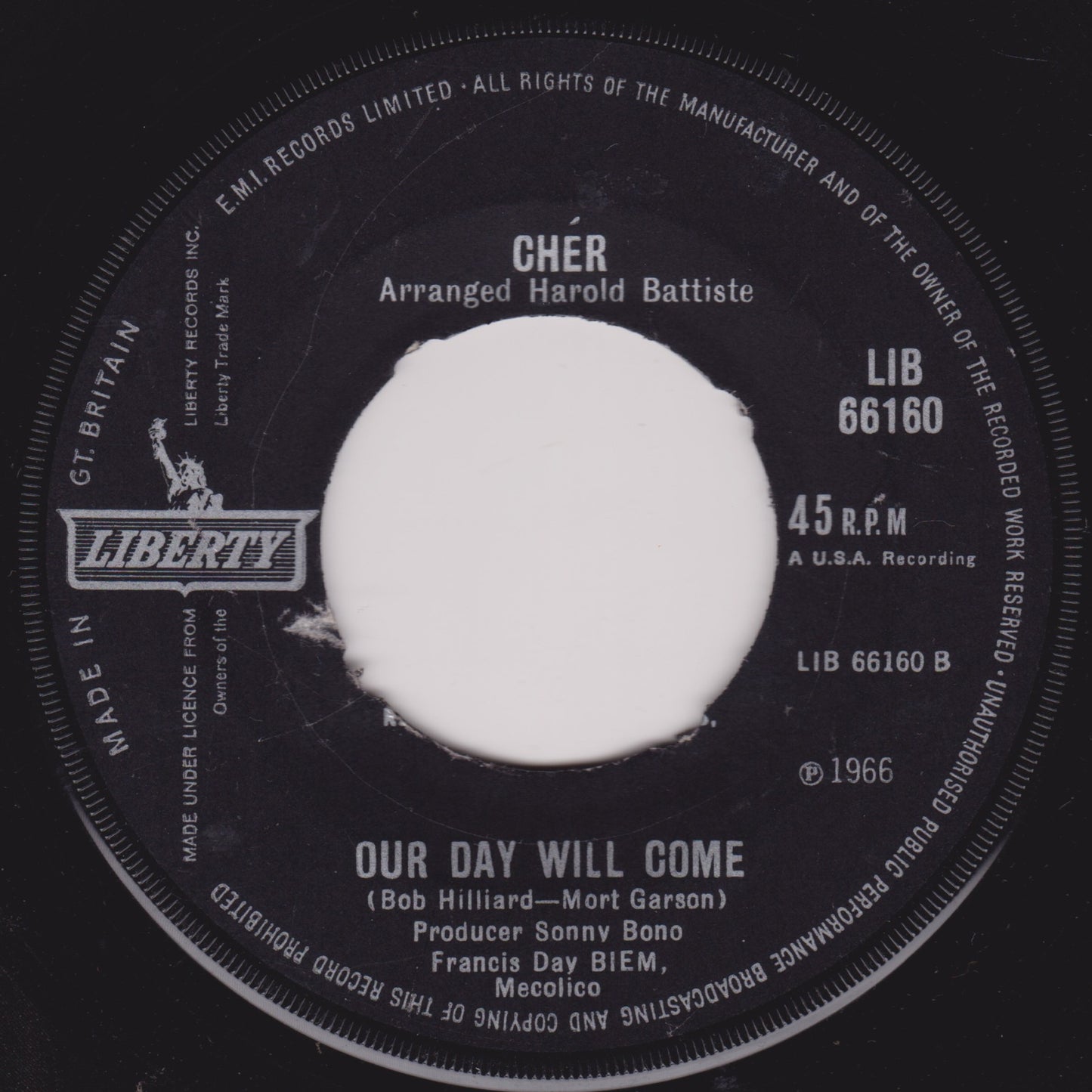 Cher ‎– Bang Bang (My Baby Shot Me Down) (Liberty 1966) 7" vinyl single G+/-