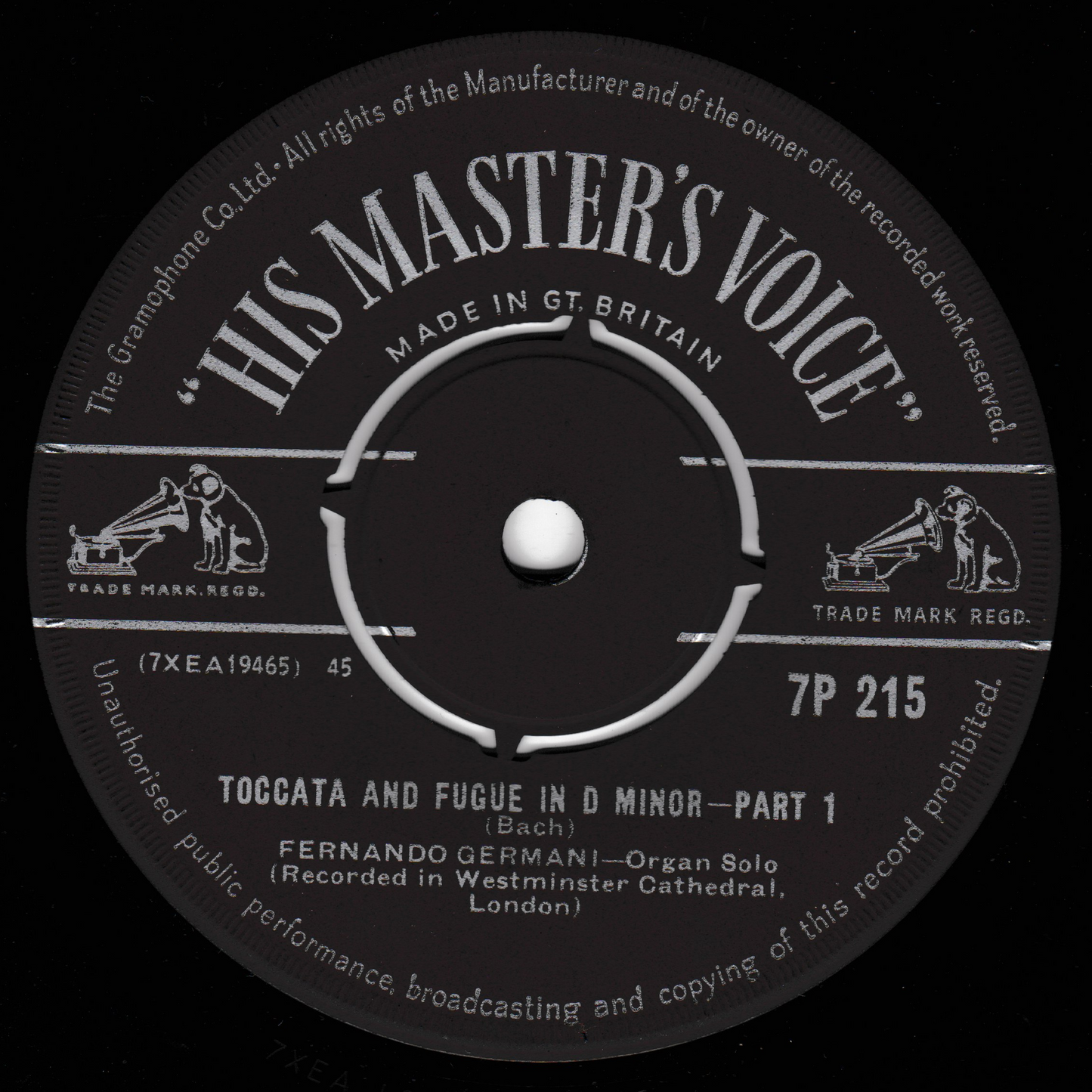 Record label from 'His Master's Voice' with text and branding.