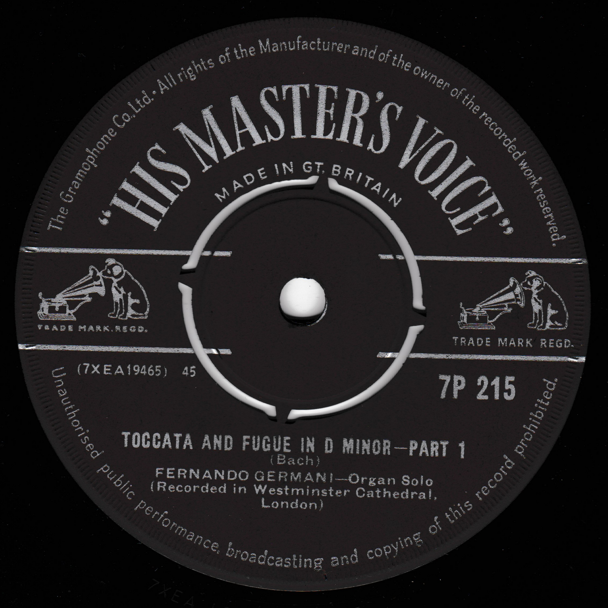 Record label from 'His Master's Voice' with text and branding.