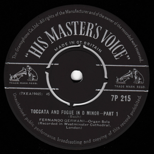 Record label from 'His Master's Voice' with text and branding.