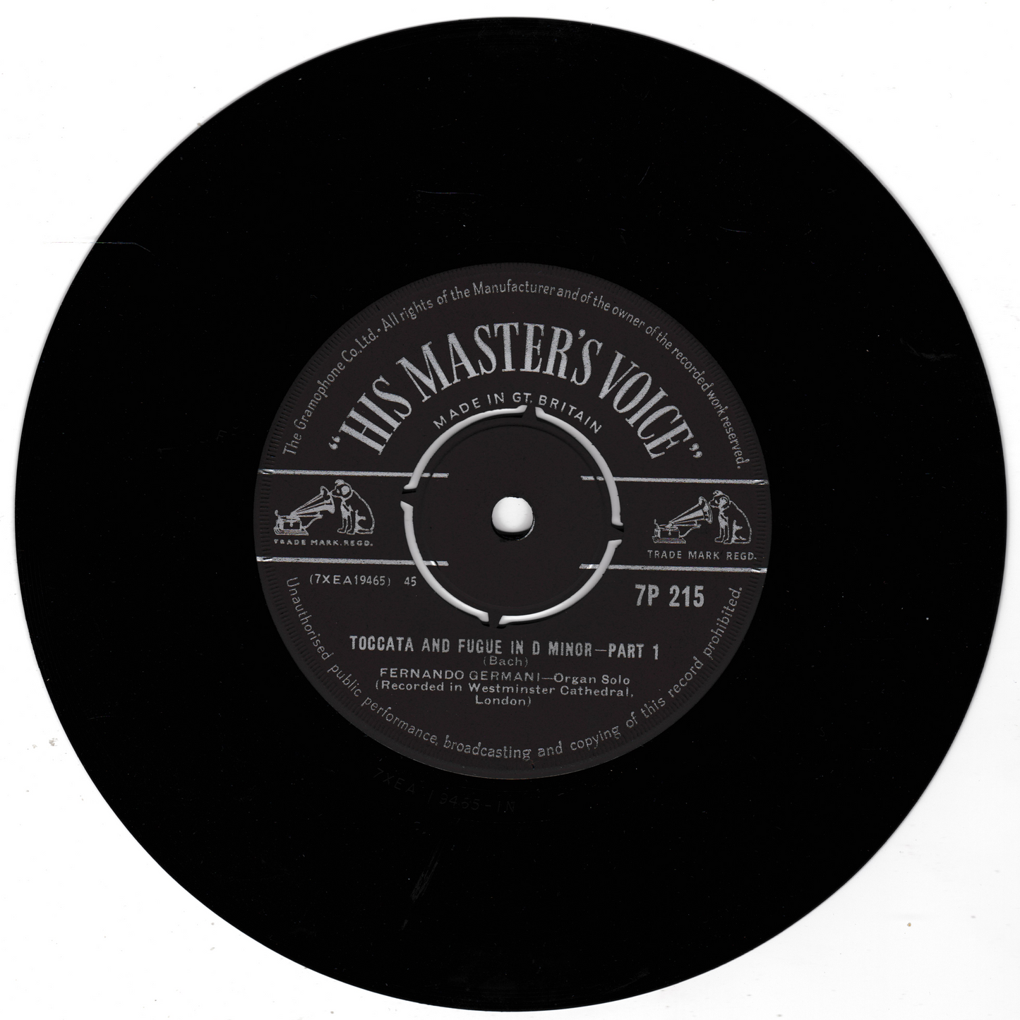 Black vinyl record with 'His Master's Voice' label on a white background