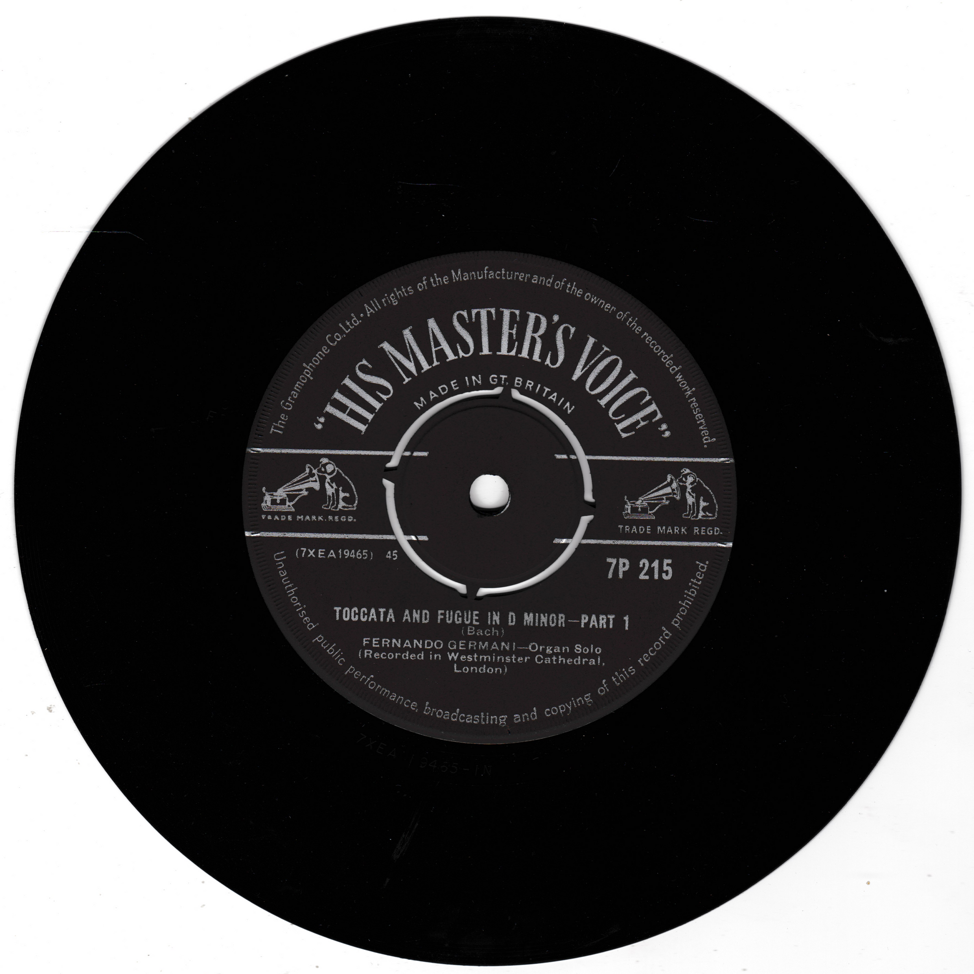 Black vinyl record with 'His Master's Voice' label on a white background