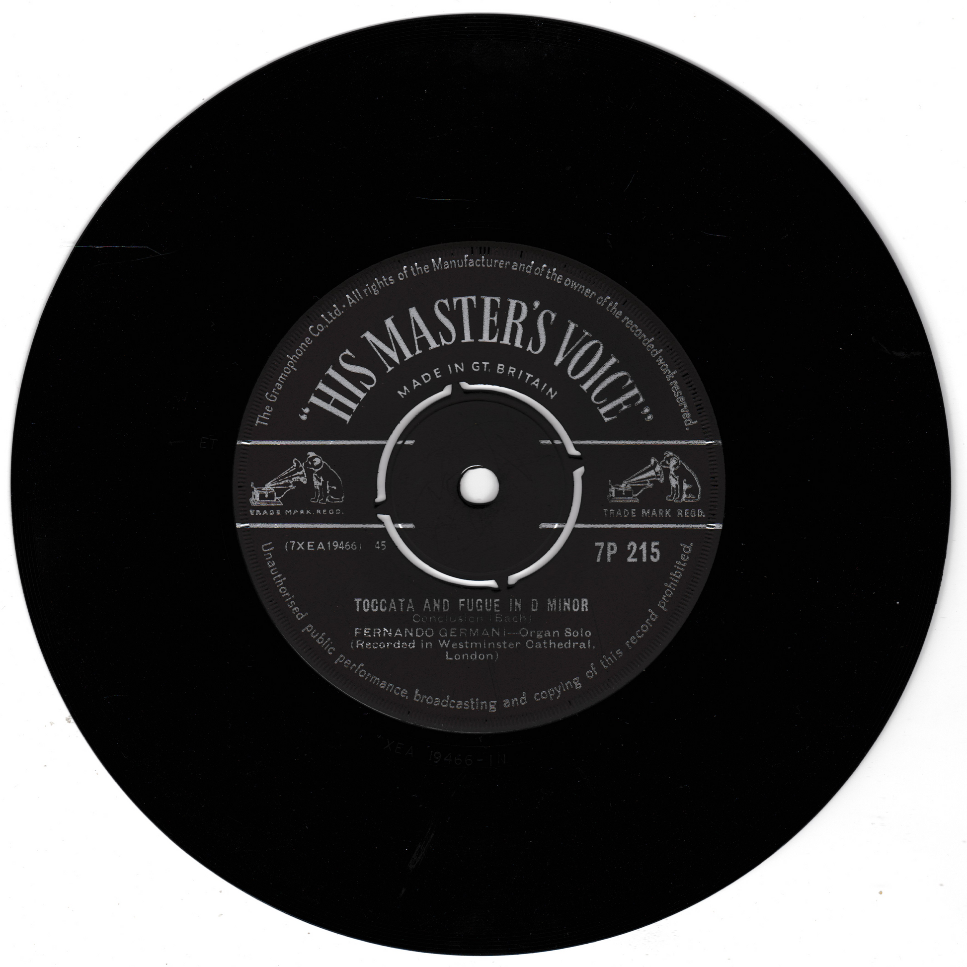Black vinyl record with 'His Master's Voice' label on a white background
