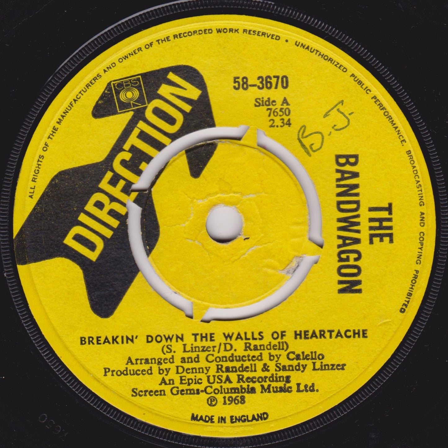 Record label from 'The Bandwagon' with text and branding on a yellow background