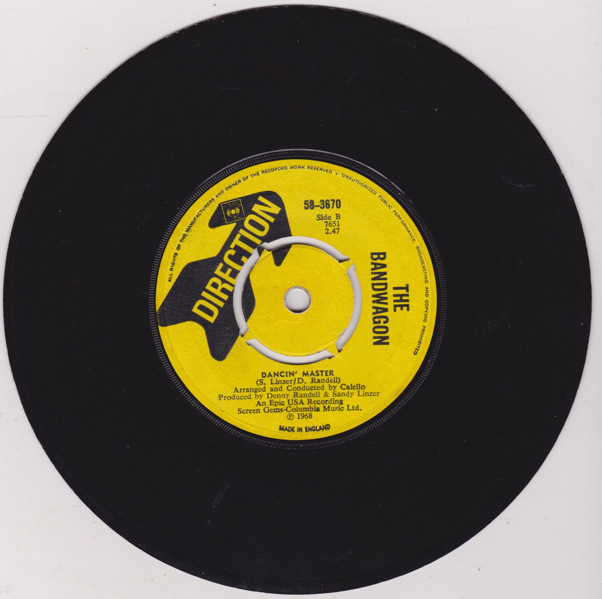 Vinyl record with yellow label featuring 'Direction' and 'The Bandwagon' text on a white background