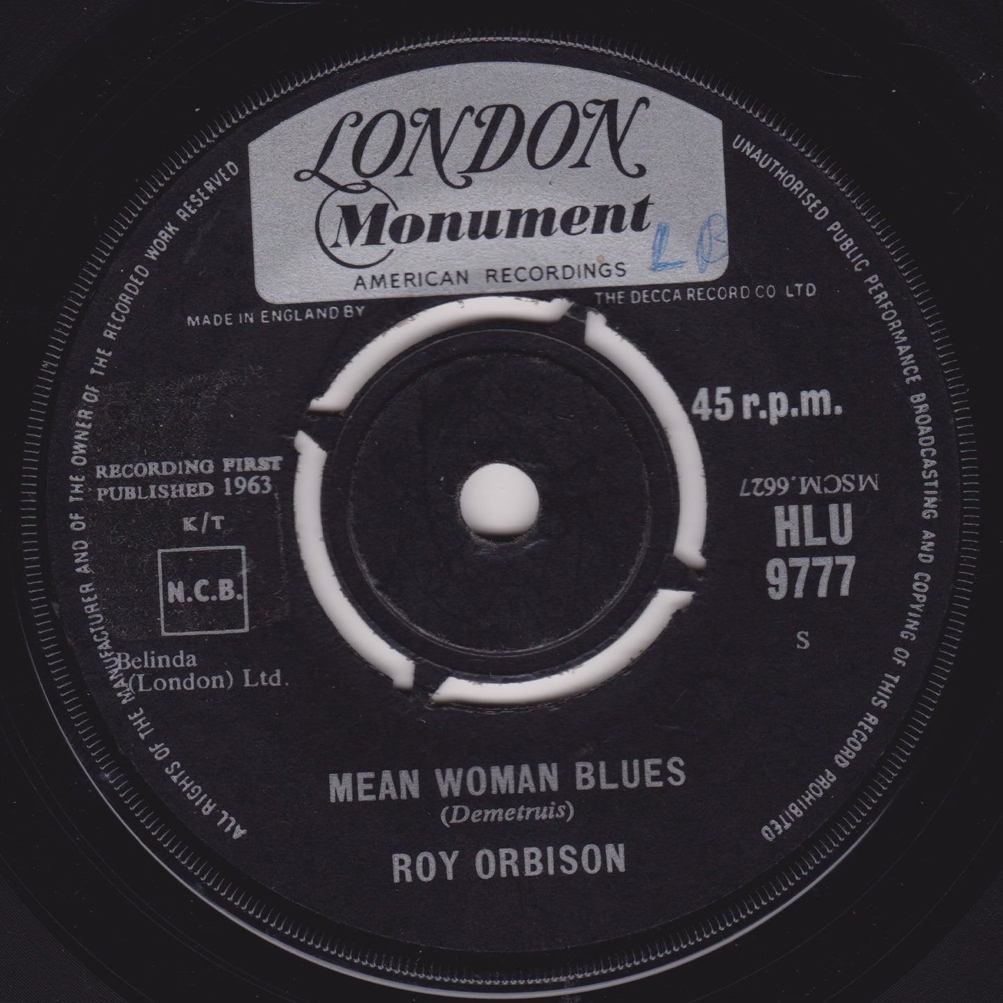 Roy Orbison ‎– Blue Bayou / Mean Woman Blues (London 1963) 7" vinyl single G+/-