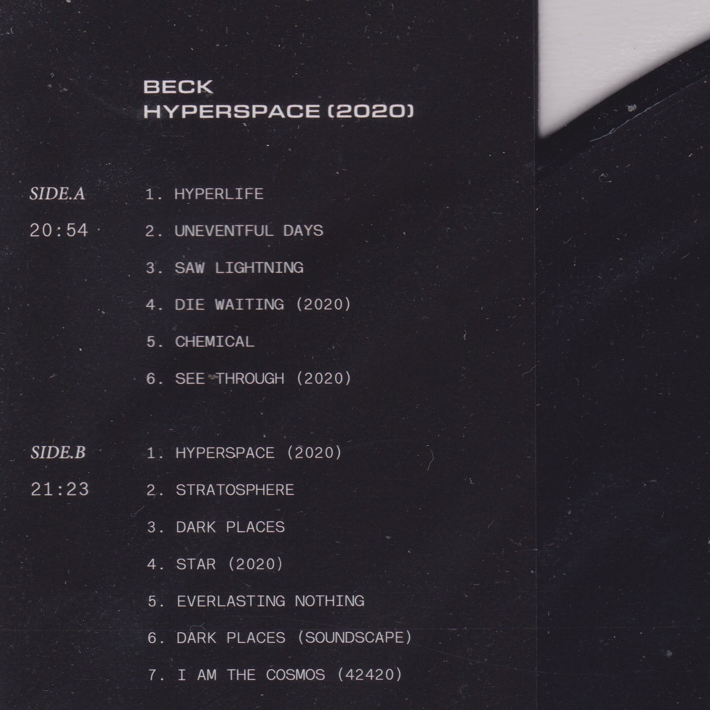 Album tracklist for 'Hyperspace' by Beck on a black background