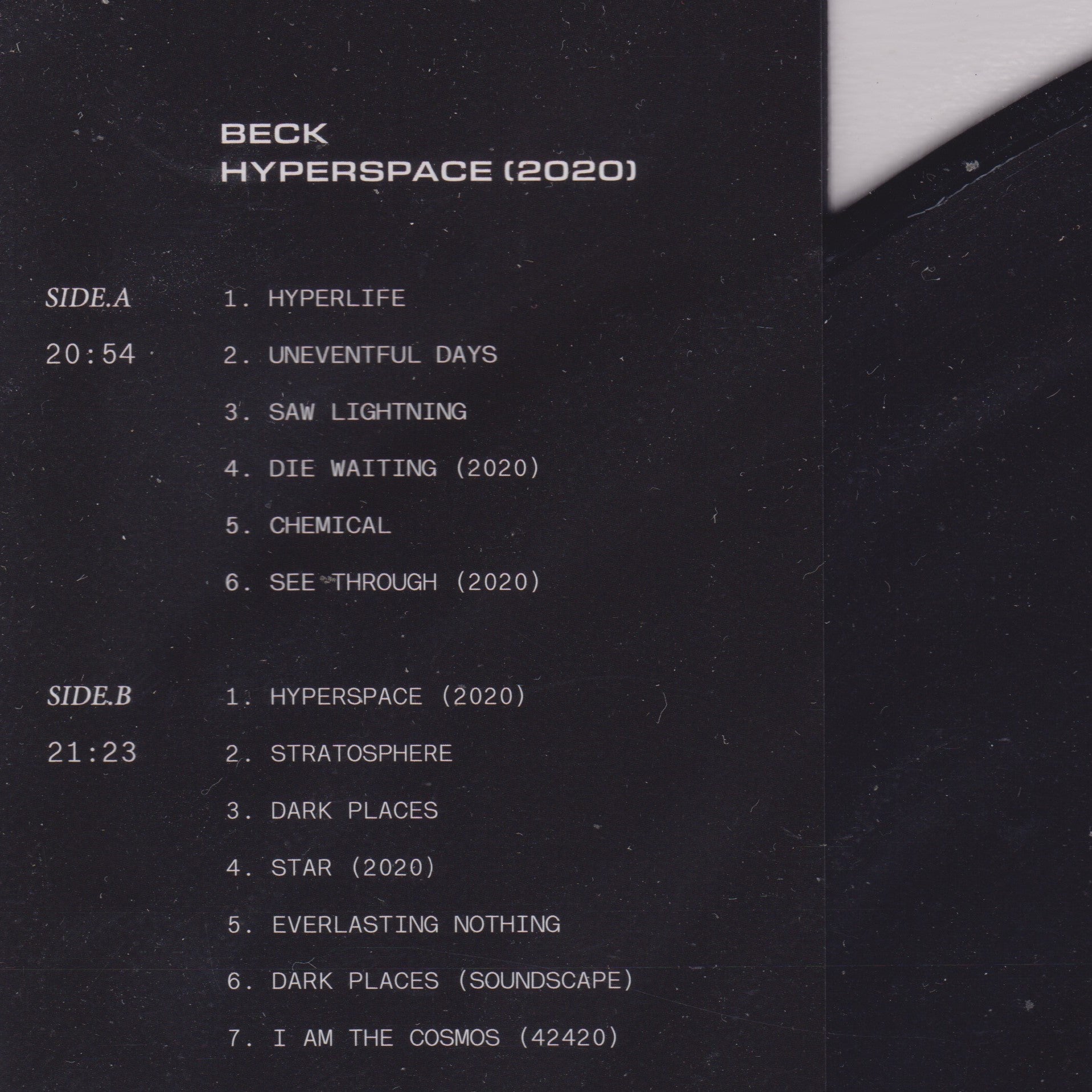Album tracklist for 'Hyperspace' by Beck on a black background