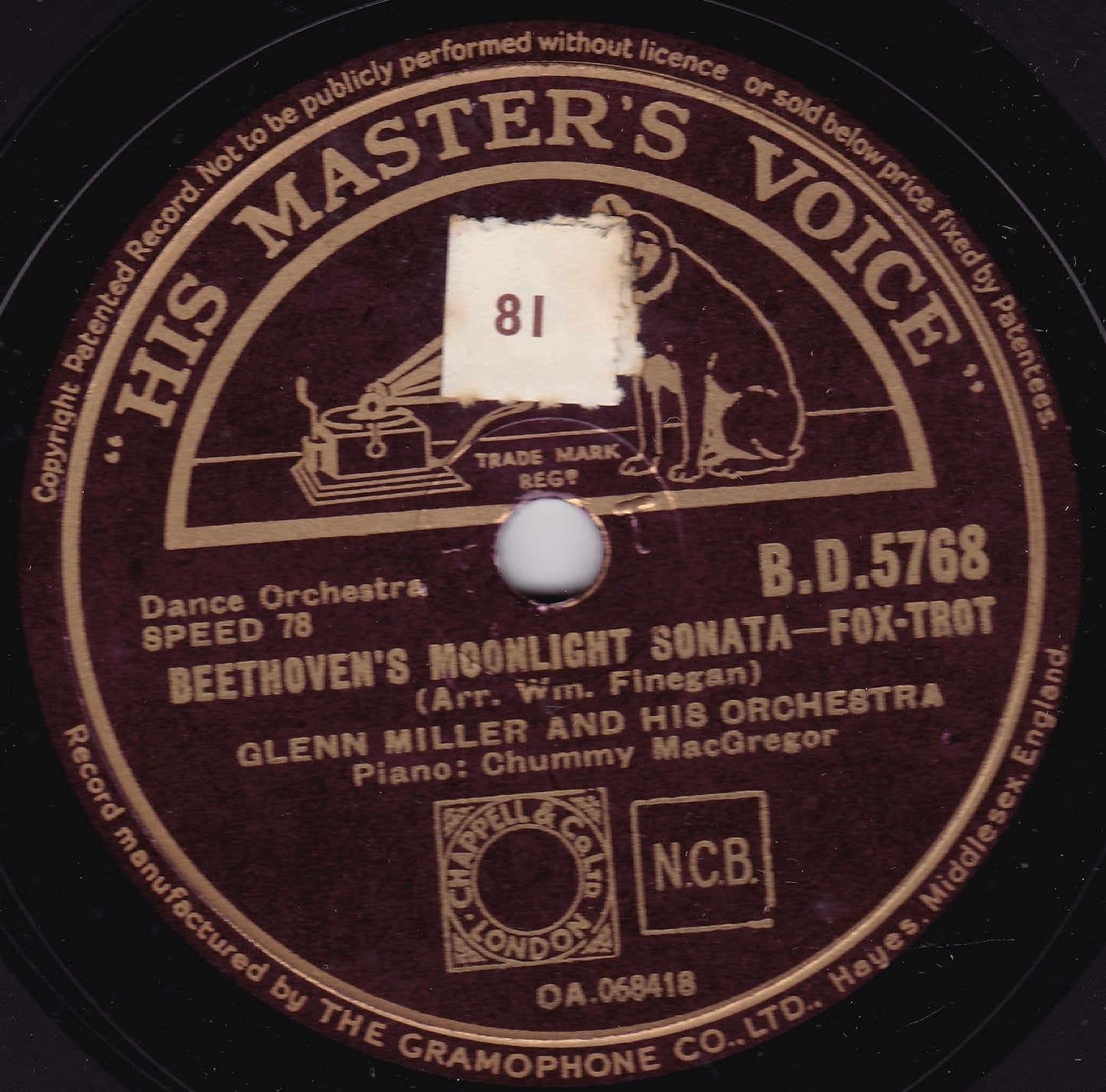 Glenn Miller And His Orchestra ‎– Beethoven's Moonlight Sonata 10" shellac VG/VG