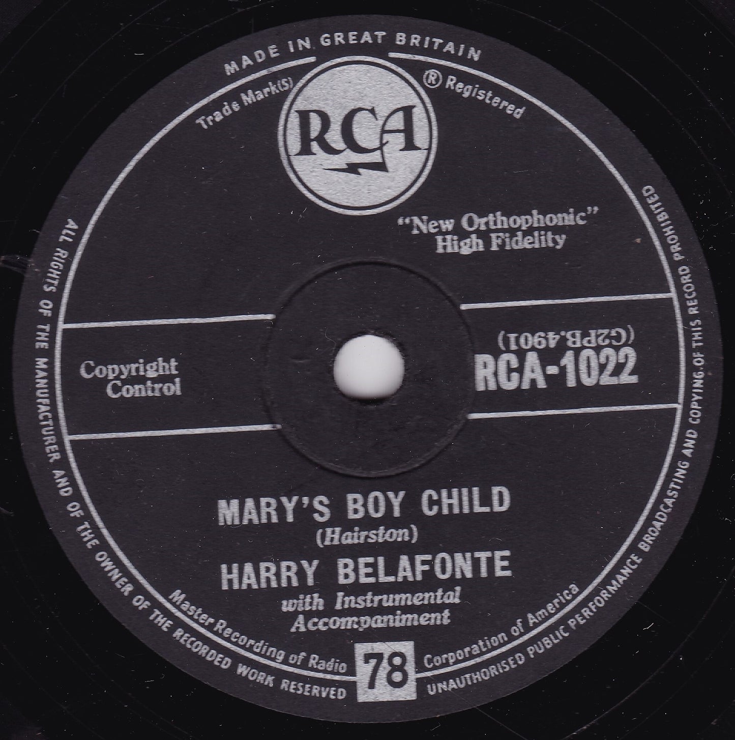 Harry Belafonte ‎– Mary's Boy Child/Eden Was Just Like This (1957) 10" shellac G+