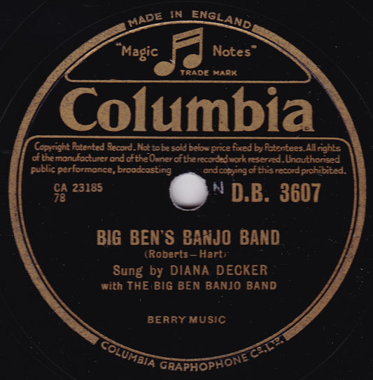 Diana Decker With The Big Ben Banjo Band - Big Ben's Banjo Band 10" shellac VG/-