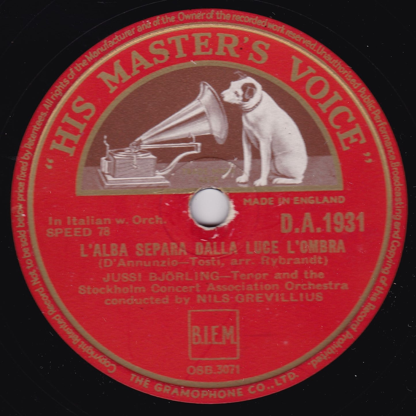 Jussi Björling – L'Alba Separa Dalla Luce L'Ombra (1950) 10" shellac VG/-