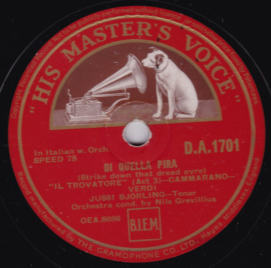 Jussi Björling – DI Quella Pira / Ah, Si, Ben Mio (1939) 10" shellac VG/-